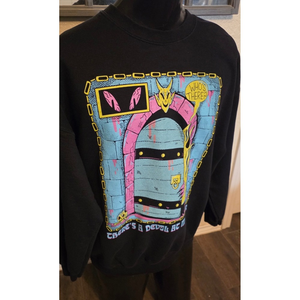 Devil At My Door Graphic Sweatshirt Black Neon Pink Crewneck Streetwear Pullover